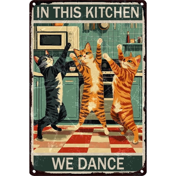 Vintage Dancing Cats Metal Tin Sign Retro Kitchen Decor Aluminum Wall Art with Checkered Floor Funny Home Bar Cafe Poster 8x12 Inch