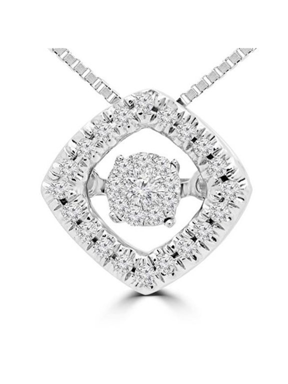 Vintage Dancing Diamond Halo Pendant Necklace in 10K White Gold With Chain, 0. 1 Carat