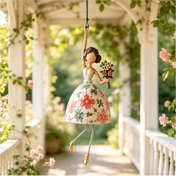 Vintage Dancing Lady Hanging Ornament, Whimsical Bouquet Lady Wind Decor for Garden Patio