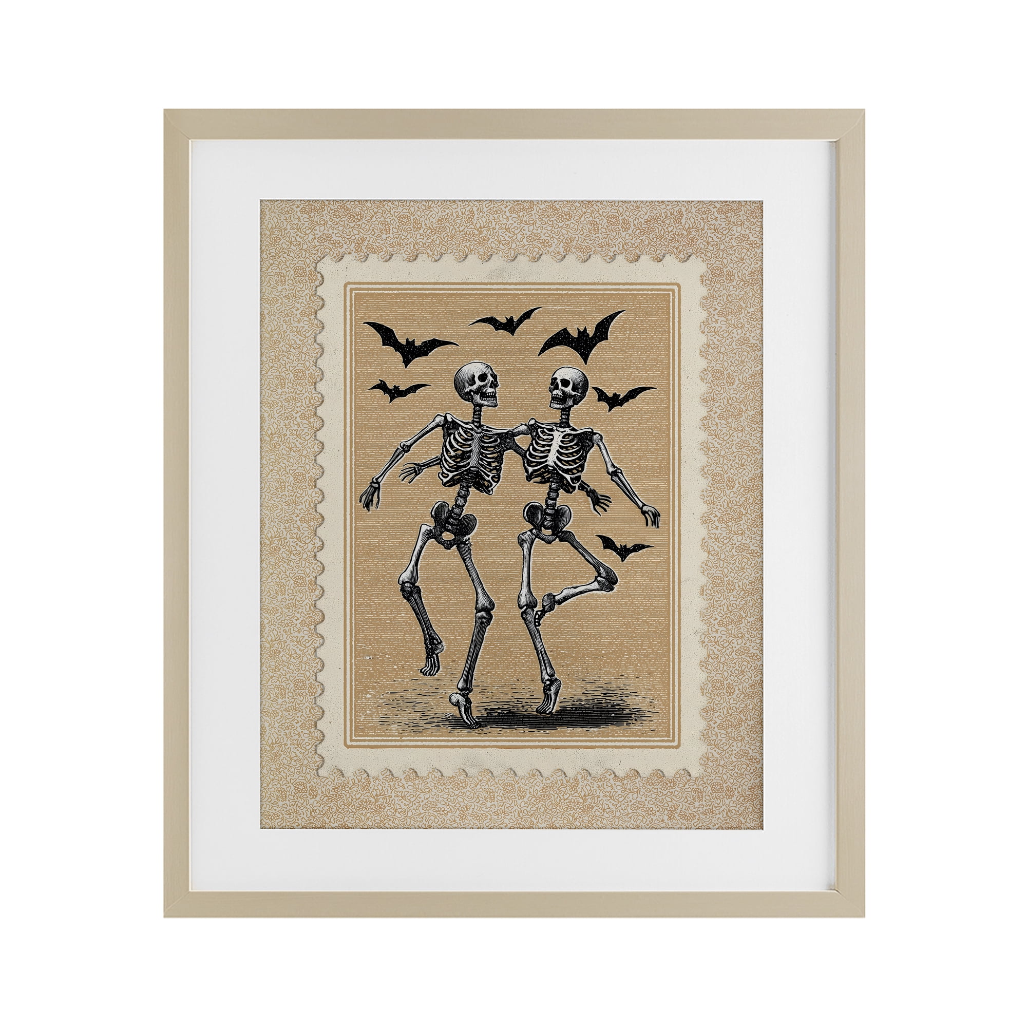 Vintage Dancing Skeletons Stamp Birch Framed Print Under Glass, design by Arlington Prints