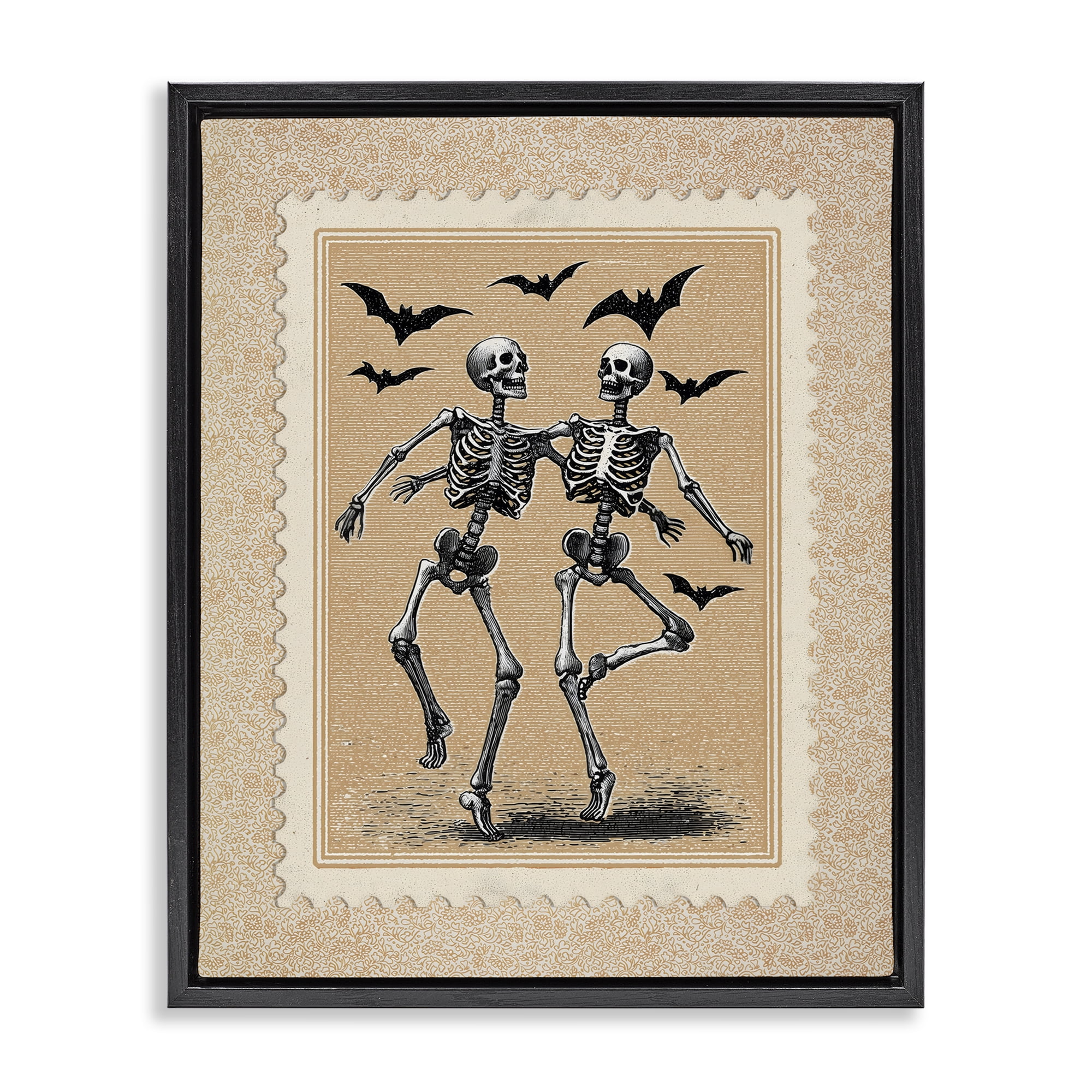 Vintage Dancing Skeletons Stamp Black Framed Floater Canvas Wall Art, design by Arlington Prints