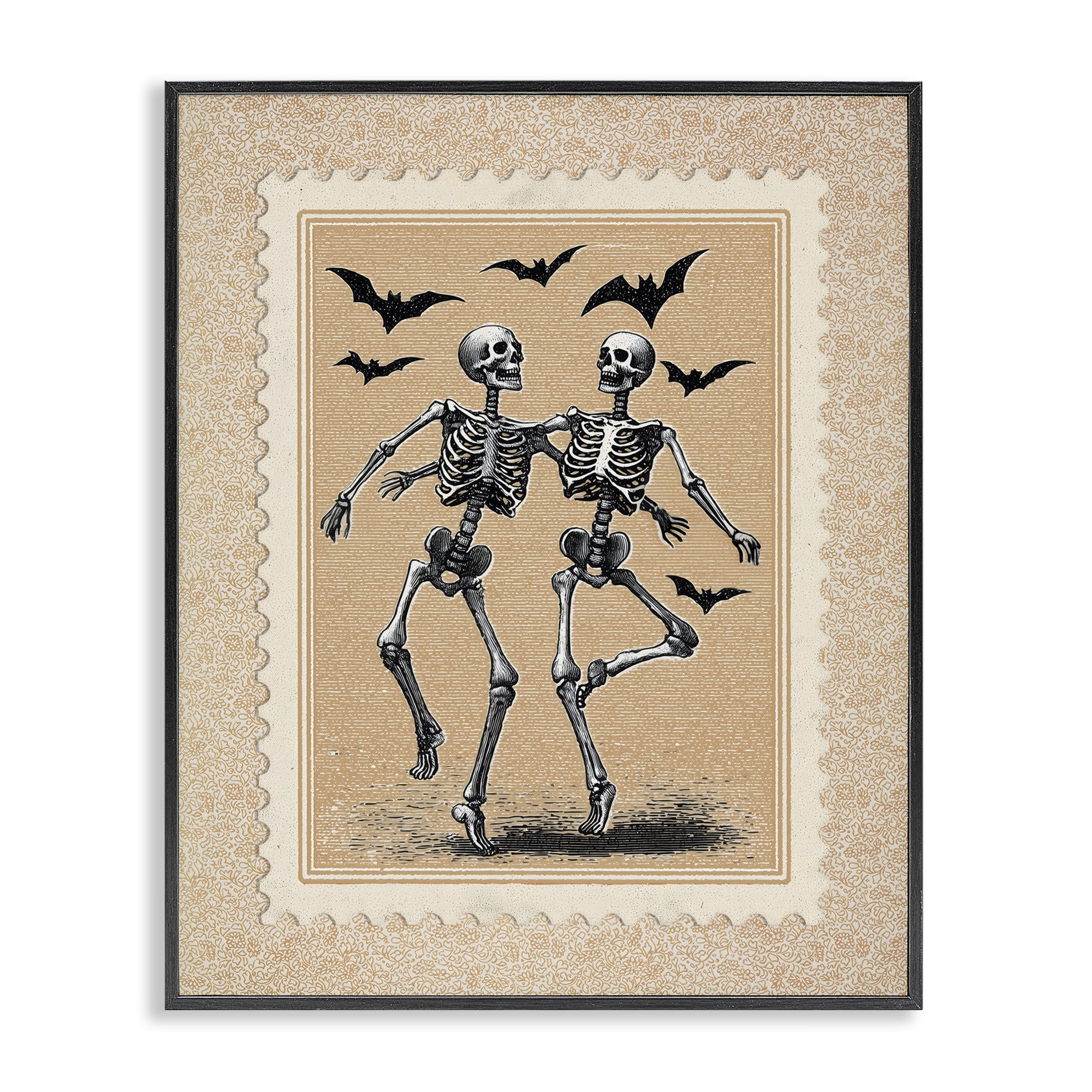 Vintage Dancing Skeletons Stamp Black Framed Giclee Art, design by Arlington Prints