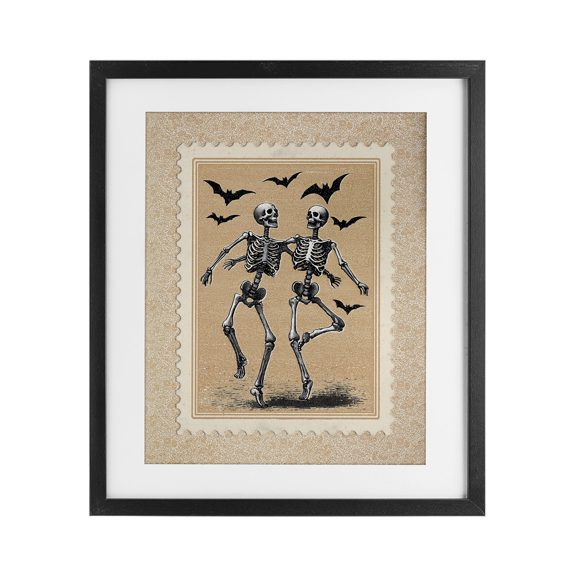 Vintage Dancing Skeletons Stamp Black Framed Print Under Glass, design by Arlington Prints