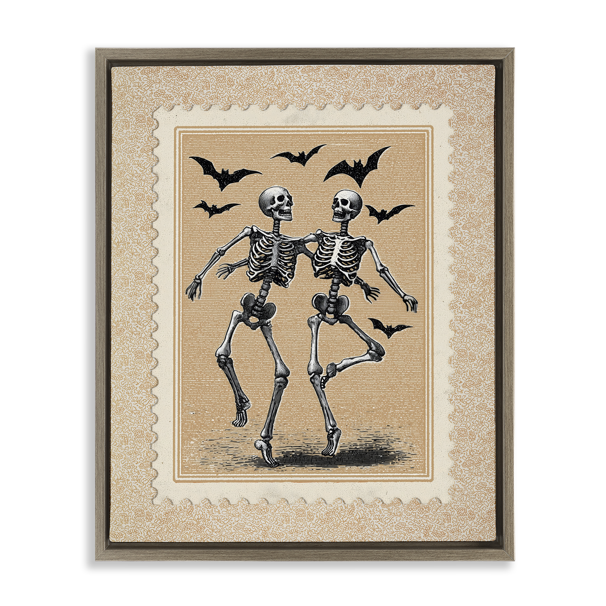 Vintage Dancing Skeletons Stamp Brown Framed Floater Canvas Wall Art, design by Arlington Prints