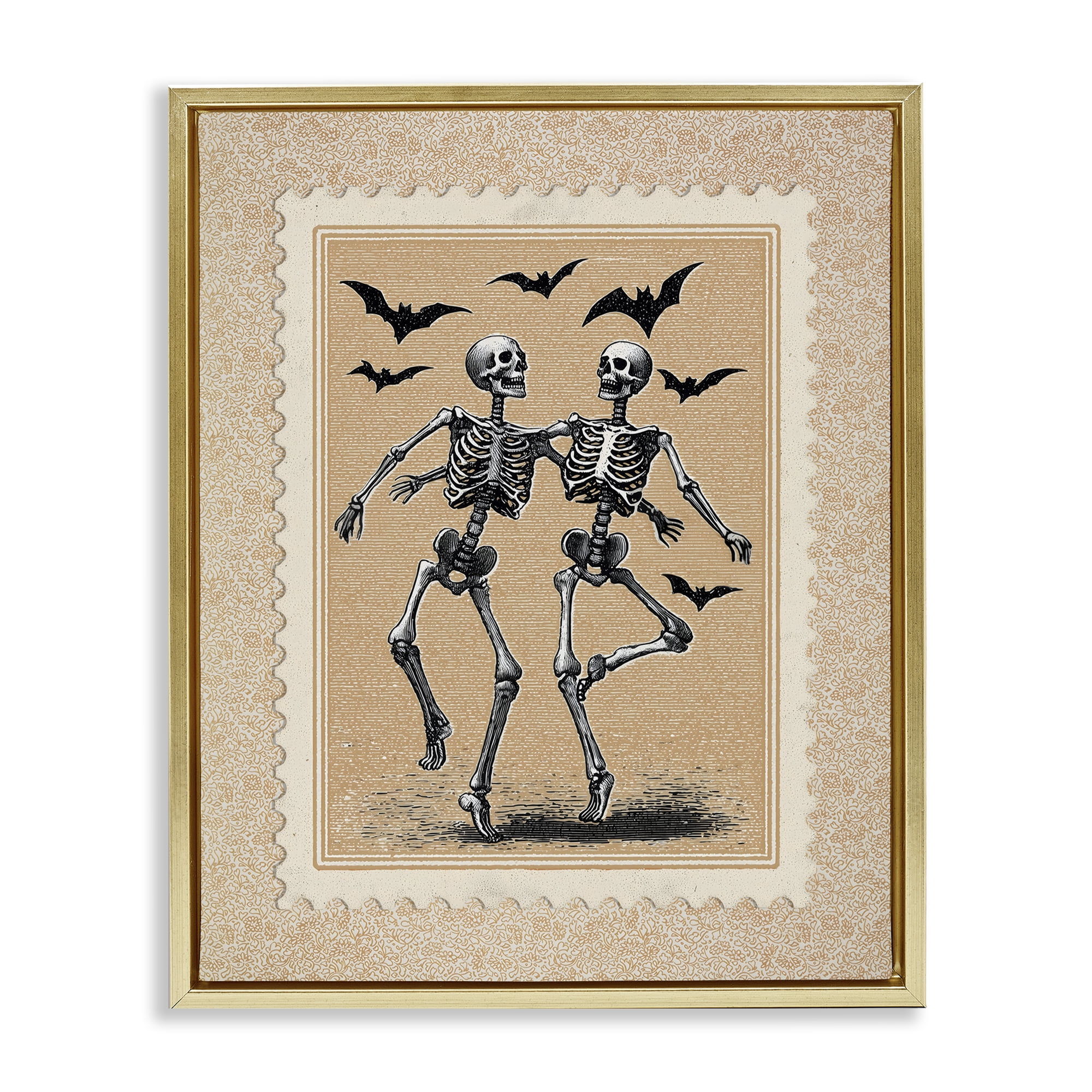 Vintage Dancing Skeletons Stamp Gold Framed Floater Canvas Wall Art, design by Arlington Prints