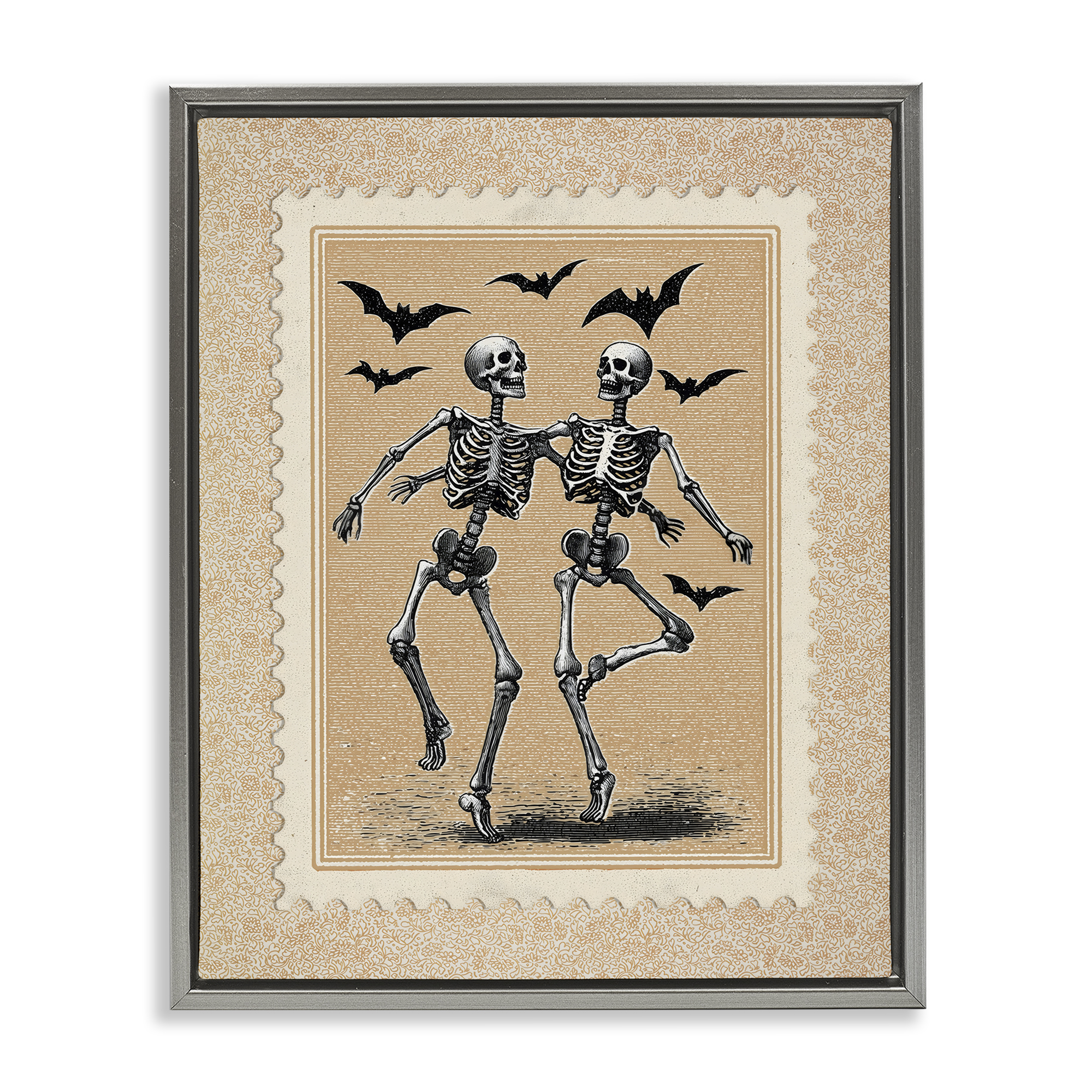 Vintage Dancing Skeletons Stamp Gray Framed Floater Canvas Wall Art, design by Arlington Prints