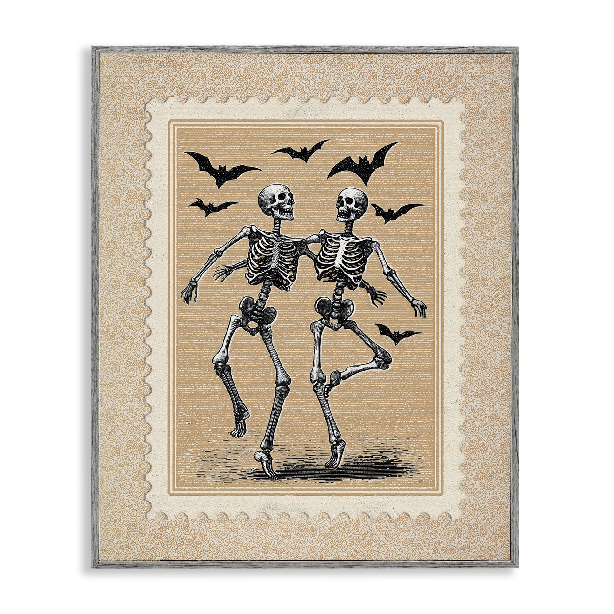 Vintage Dancing Skeletons Stamp Gray Framed Giclee Art, design by Arlington Prints