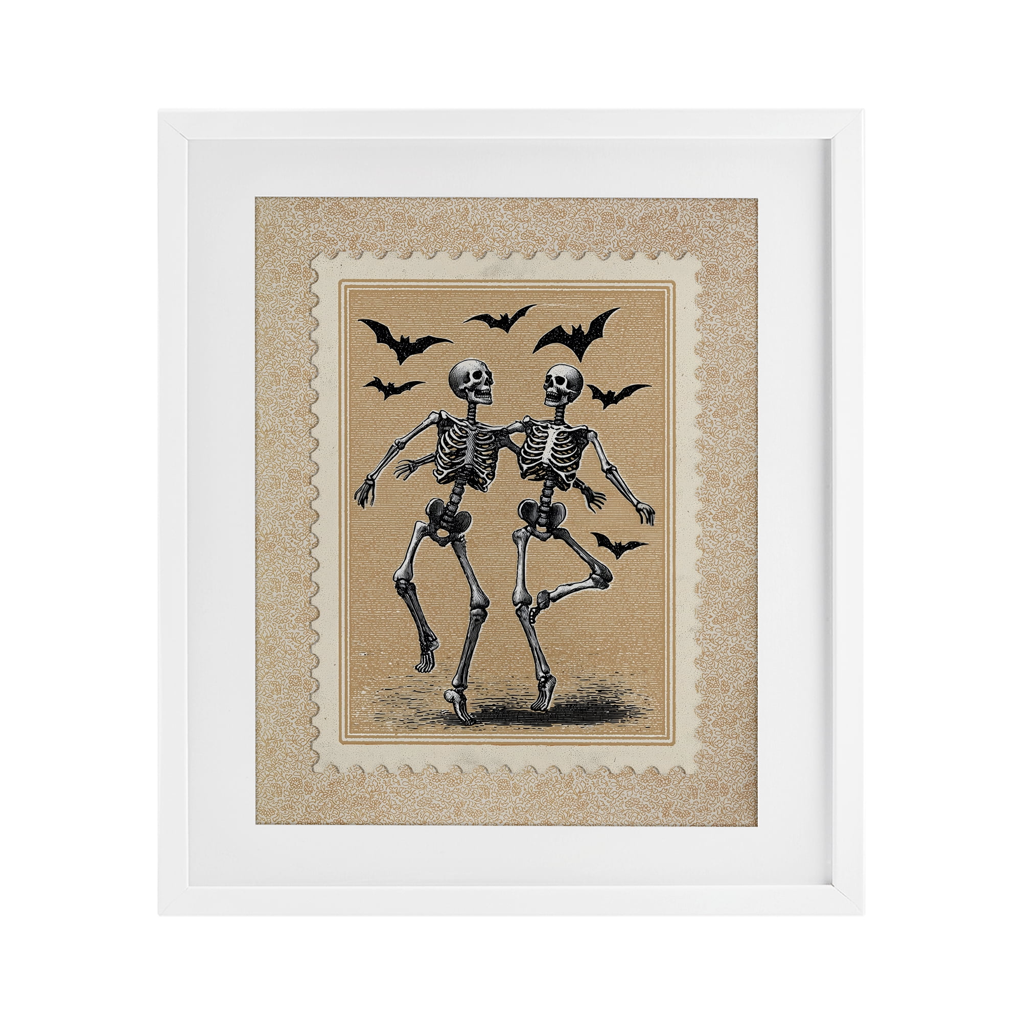 Vintage Dancing Skeletons Stamp White Framed Print Under Glass, design by Arlington Prints