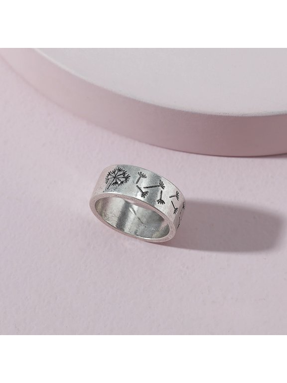 Vintage Dandelion Engraving Agate Ring Set: Simple Geometry Style Alloy Inlaid Artificial Gem Womens Band