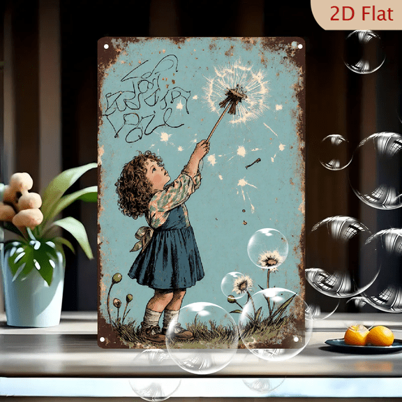Vintage Dandelion Girl Art Print, "For Every Love" Inspirational Quote on Rustic Tin Sign Wall Decor, 8x12 Inches Nostalgic Floral Home Office Picture