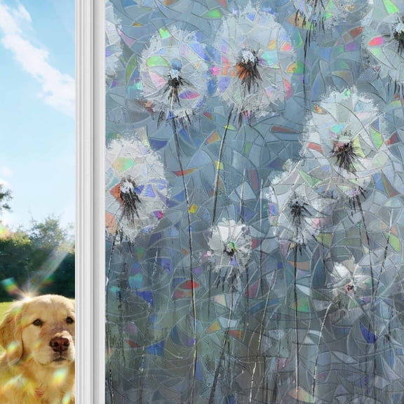Vintage Dandelion Rainbow Window Privacy Film, White Dandelion Oil Painting Modern Art Stained Glass Window Film, Sun Blocking Glass Clings Static Cling Non Adhesive Door Stickers 19.6 x 39.3 Inches