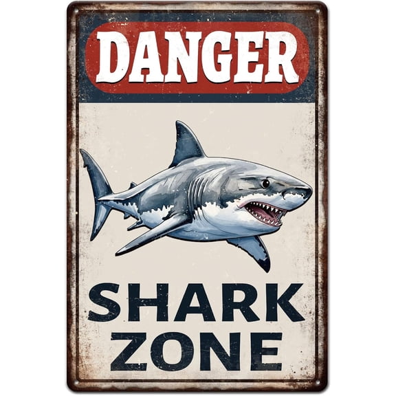 Vintage Danger Warning Metal Tin Sign 12x8inch Shark Zone Tin Signage Decor Signs Retro Ocean Shark Wall Metal Plaque for Office Home Garage Room Cafes Bars Fishing Area Decoration
