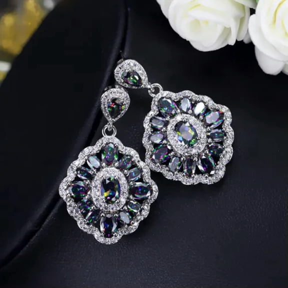 Vintage Dangle Drop Blue Mystical Rainbow Fire CZ Women Dancing Party Earrings