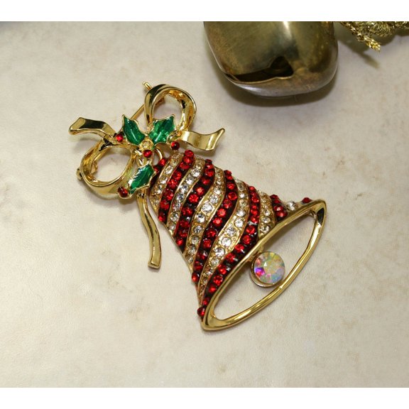 Vintage Dangling Heavily Mechanical Christmas Bell and Bow Pin, Rhinestone Xmas Bell Jewelry, Holiday Gift.