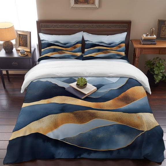 Vintage Dark Blue Brown Waves Queen Size Bed Set,Abstract Shape Bedding for All Seasons,4 Pcs Bed Set,1 Quiltcover (90"x90"),1 Sheet (90"x102"),2 Pillowcases (20"x30")