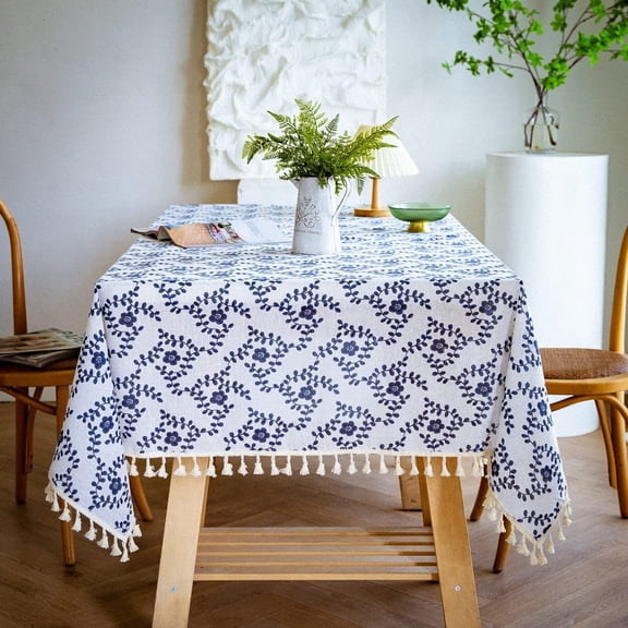 Vintage Dark Blue Floral Square Tablecloth - Cotton Linen Fabric Table Cloth with Tassel, Table Cover Pastoral Square Table Cloths for Outdoor Indoor Kitchen Farmhouse(55x55Inch)
