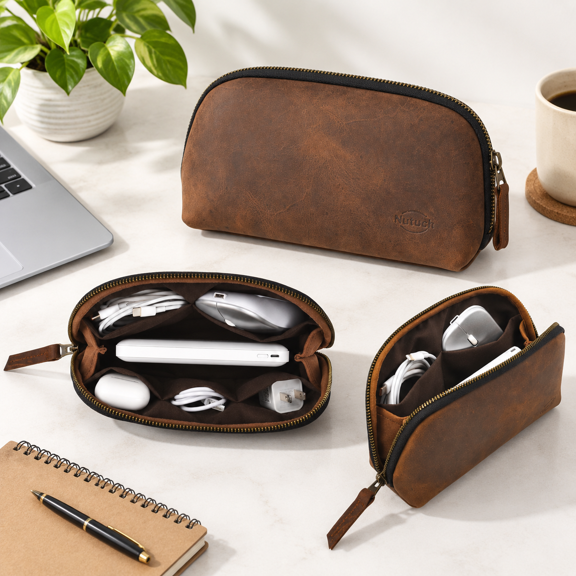 Vintage Dark Brown Leather Tech Pouch, Electronic Organizer Case for Travel