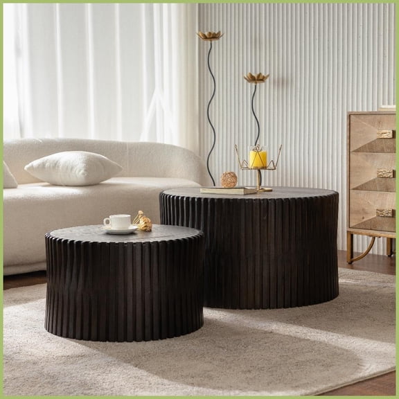 Vintage Dark Brown Nested Coffee Table Set of 2 - Space-Saving, Easy-Clean for Living Room & Office