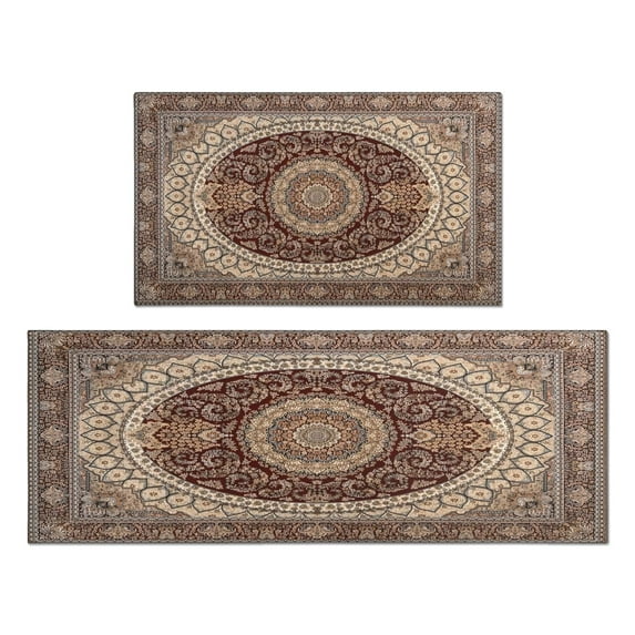 Vintage Dark Brown Pattern Boho Rugs and Mats Non Skid Washable Absorbent Microfiber Soft Kitchen Mat for Floor Set Of 2 Decor Stain Resistant 17"x47"+17"x30"