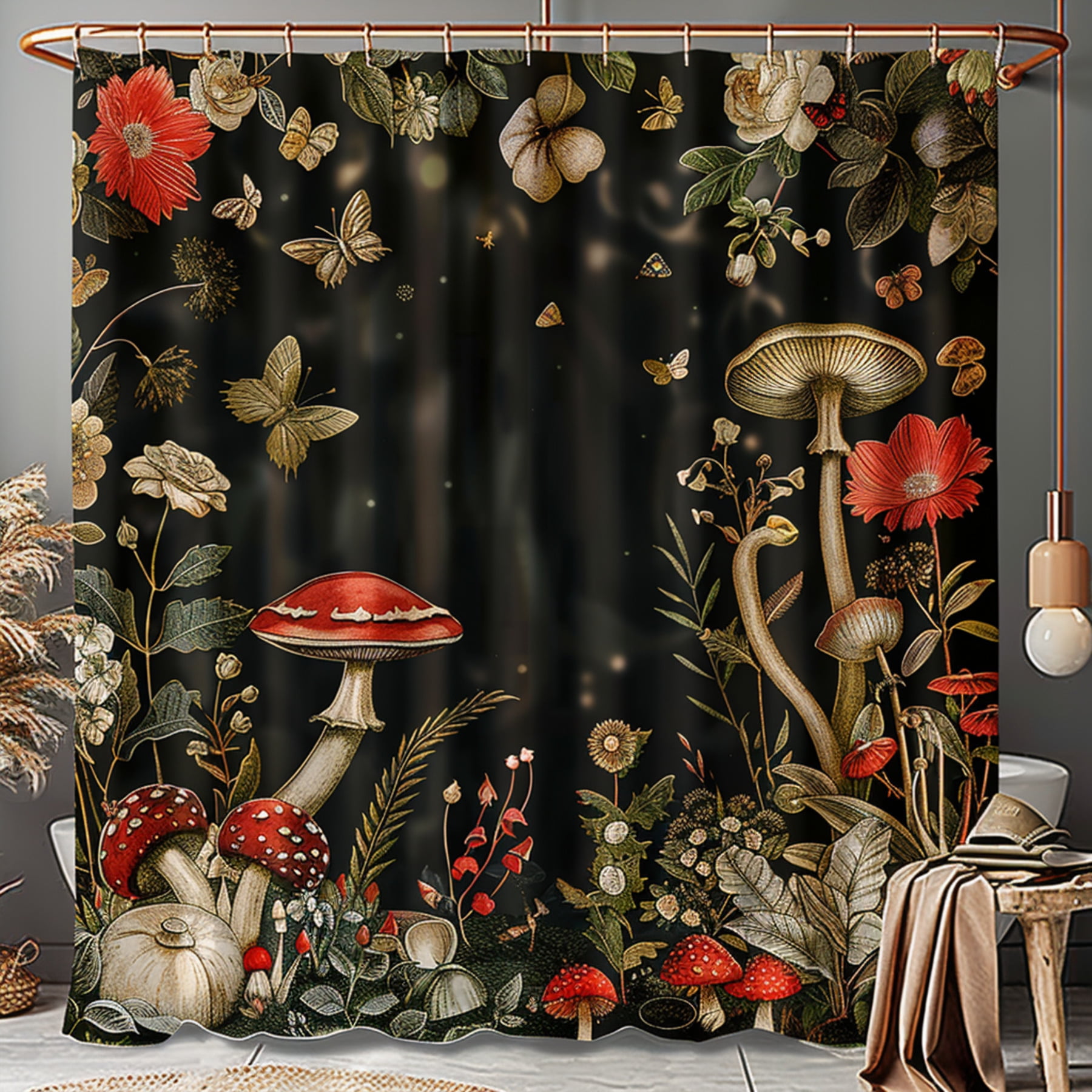 Vintage Dark Cottagecore Shower Curtain with Mushrooms Flowers