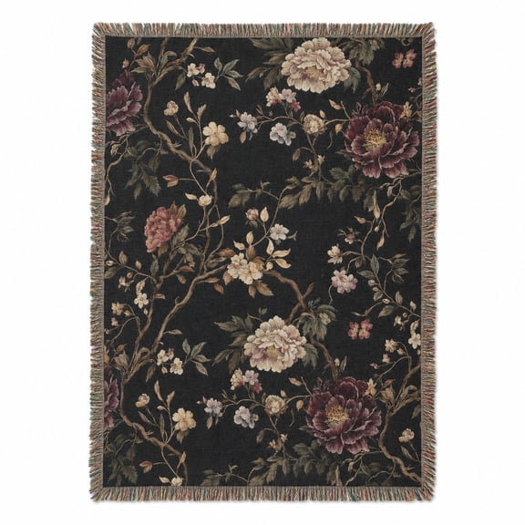 Vintage Dark Floral Botanical Woven Throw Blanket, Cotton with Fringed Edges, Moody Multicolor, Couch and Bed Home Decor
