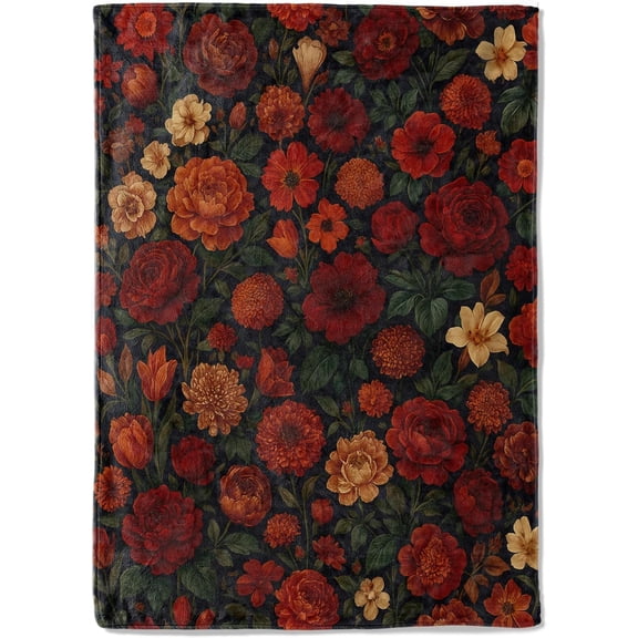 Vintage Dark Floral Fleece Blanket,60x80in,Red Orange Peony and Autumn Garden Flower Black Throw Blankets,Soft Cozy Lightweight, Ideal for Bed Living Room Home Boho Decor,Women Gifts