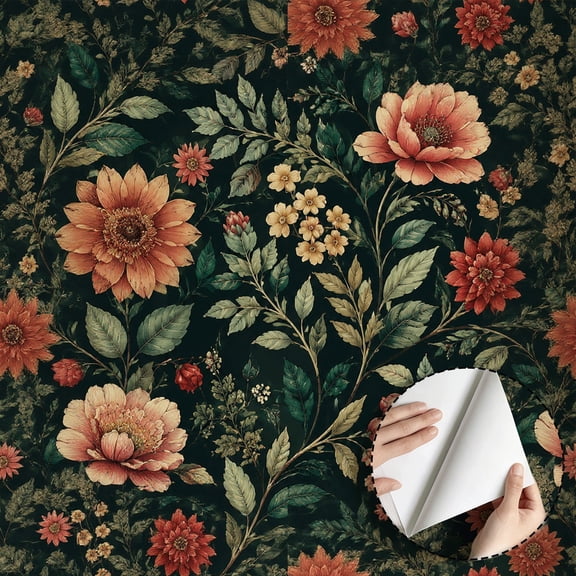 Vintage Dark Floral Wallpaper, Rustic Boho Peel and Stick Wallpaper Waterproof Contact Paper Wall Decor for Living Room Bedroom Bathroom Kitchen Cabinet Drawer Rental Property 17.7 * 118 in