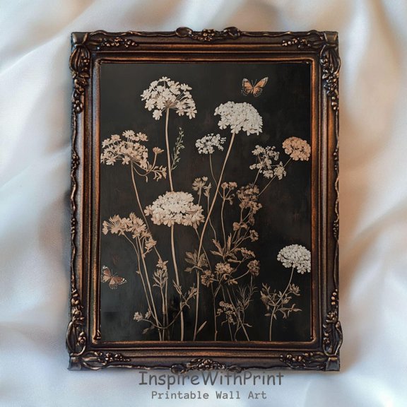 Vintage Dark Flower Print, Moody Wildflower Poster Art Printable Boho Flower Poster Print, Antique Wall Art Moody Wildflower Print, Size 12x18 UNFFRAMED