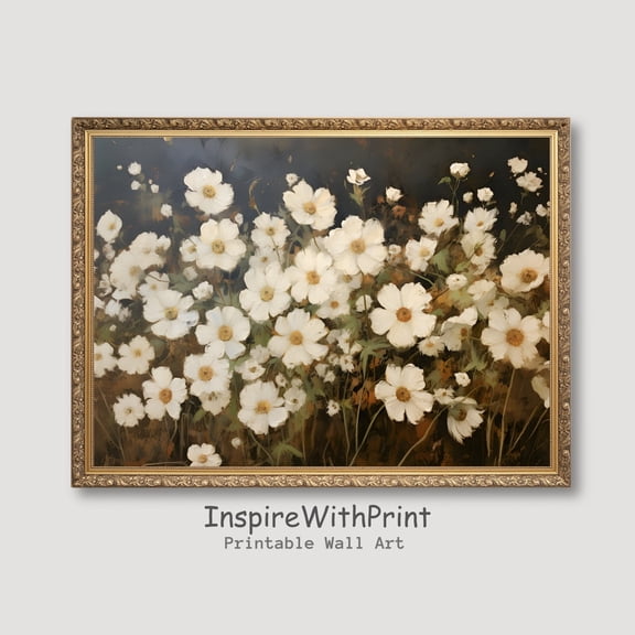 Vintage Dark Flower Print, Wildflower Field Art, Moody White Flower , Dark Floral Art Printable Art, Antique Floral Print, Size 8x12 UNFFRAMED F03.1.5l1789