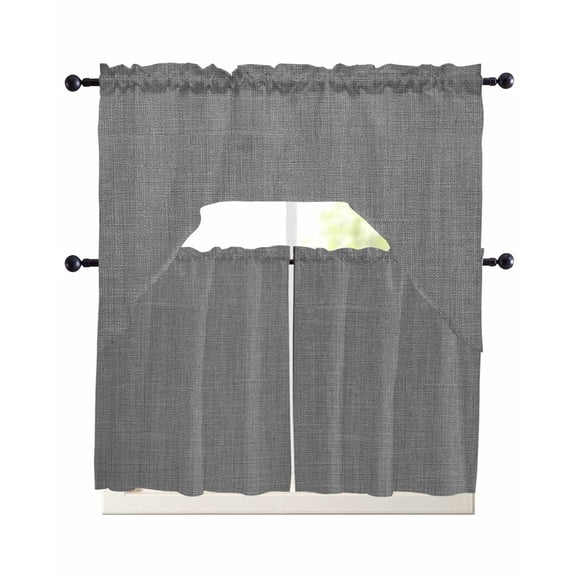 Vintage Dark Gray Kitchen Curtains Set for Windows 3 Piece Cafe Curtains 24 Inch Length Swag Curtains Valances and Tier Set Farmhouse Retro Solid Color Linen Texture Drapes for Bedroom Bathroom