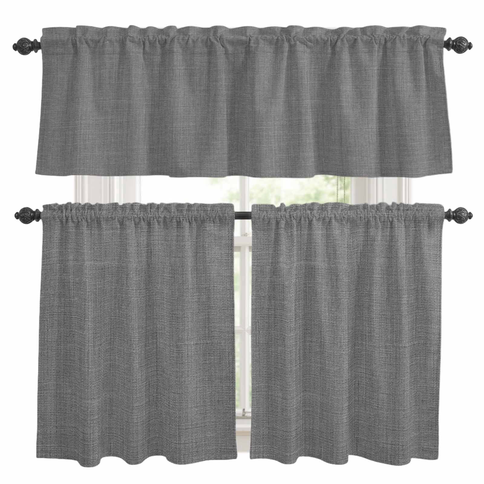 Vintage Dark Gray Kitchen Curtains Sets for Windows 36 Inch Length, Farmhouse Retro Solid Color Linen Texture Rod Pocket Window Treatments Tier Curtains and Valances Set for Bedroom/Bathroom