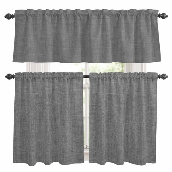 Vintage Dark Gray Kitchen Curtains Sets for Windows 36 Inch Length, Farmhouse Retro Solid Color Linen Texture Rod Pocket Window Treatments Tier Curtains and Valances Set for Bedroom/Bathroom