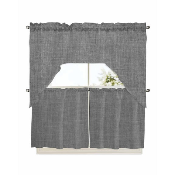 Vintage Dark Gray Kitchen Curtains Swag Valance and Tier Curtains Set 24 Inch Length, Farmhouse Retro Solid Color Linen Texture Rod Pocket Drape Panels Pair Swag Curtains for Bathroom/Cafe/Window