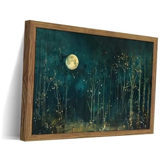 Vintage Dark Green Moon Forest Wall Art Print, Moody Nature Landscape Decor