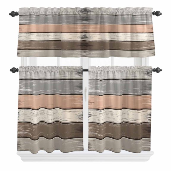 Vintage Dark Grey Stripes Curtain Valances Set Peeling Paint Effect Theme Kitchen Curtains 24 inch Length Rod Pocket Valance and Tiers 3 Piece Set Small Bedroom Bathroom Laundry Decor