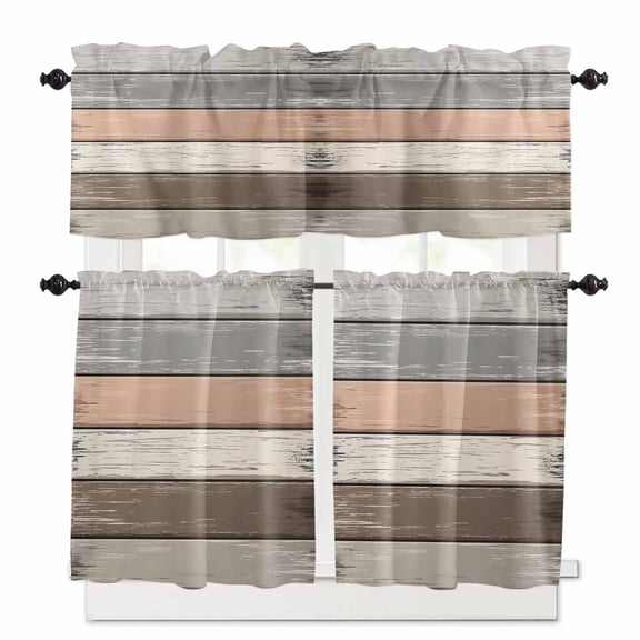 Vintage Dark Grey Stripes Kitchen Curtains Valance and Tier Set Peeling Paint Effect Theme Rod Pocket Short Curtains for Small Window 3 Pieces Set for Bedroom Bathroom Cafe (54" x 18"+27" x 24")
