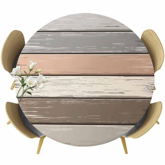 Vintage Dark Grey Stripes Round Fitted Table Cover Peeling Paint Effect Theme Waterproof Table Cloth with Elastic Edge Wipeable Tablecloth for Picnic Camping Party Fits 45"-54" Diameter