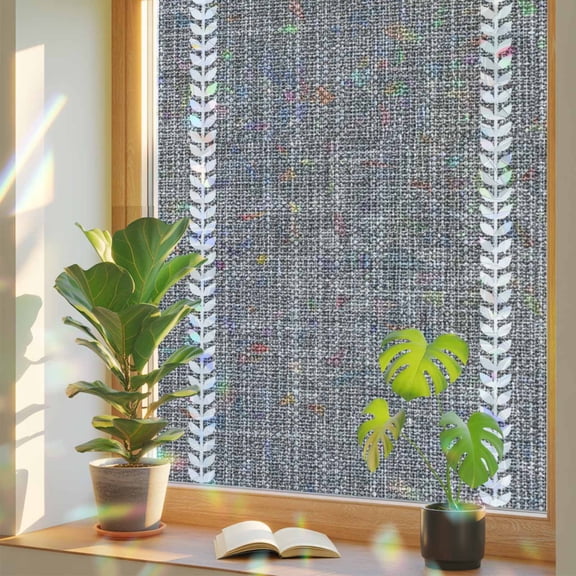 Vintage Dark Grey Window Privacy Film, Country Pastoral Farmhouse Minimalist Leaf Stripe Stained Glass Rainbow Film Decorative Window Clings, Static Cling Sun Blocking Stickers 23.6" x 59"