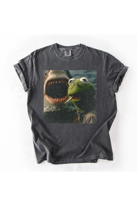 Vintage Dark Humor Smoking Frog Shark Attack Parody T-Shirt - Retro Cinematic Graphic Unisex Tee