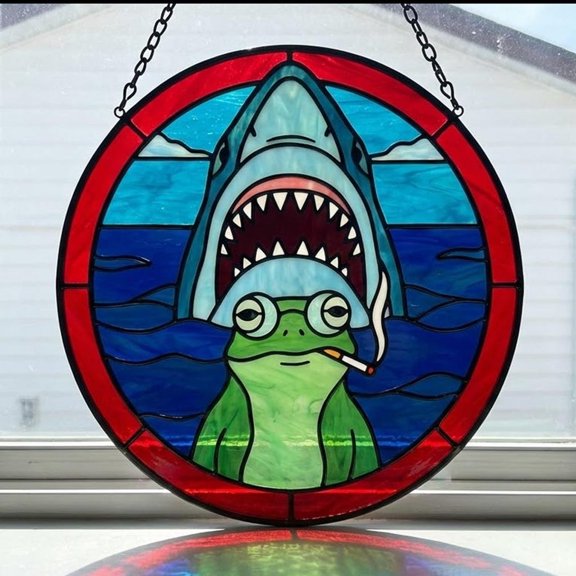 Vintage Dark Humor Suncatcher, Smoking Frog Meme Art, Shark Attack Parody Window Hanging, Retro Cinematic Graphic Suncatcher, Suncatcher Window Hanging, 7.9 in