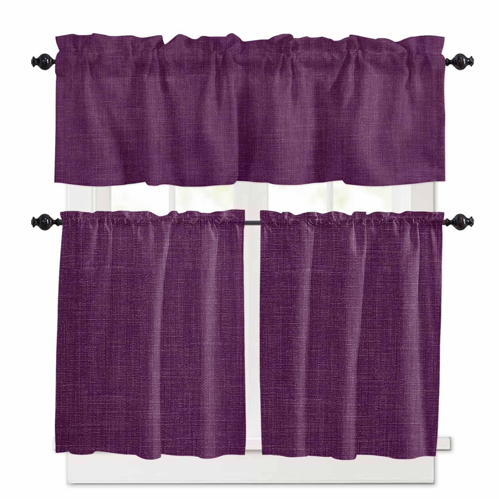 Vintage Dark Kitchen Curtains Valance and Tier Set Purple Linen Texture Farmhouse Rod Pocket Short Curtains for Small Window 3 Pieces Set for Bedroom Bathroom Cafe (54" x 18"+27" x 36")