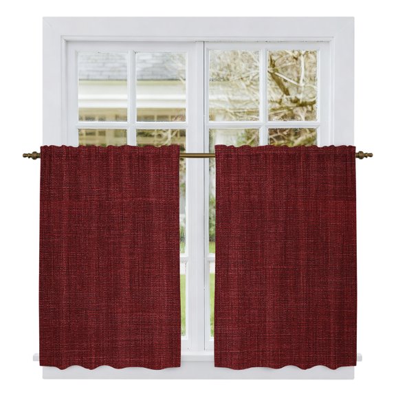 Vintage Dark Red Kitchen Curtains, Farmhouse Retro Solid Color Linen Texture Light Filtering Window Curtain Panels, 2Pcs Rod Pocket Window Treatments Set for RV Dining Room Study Room 42x45 Inches