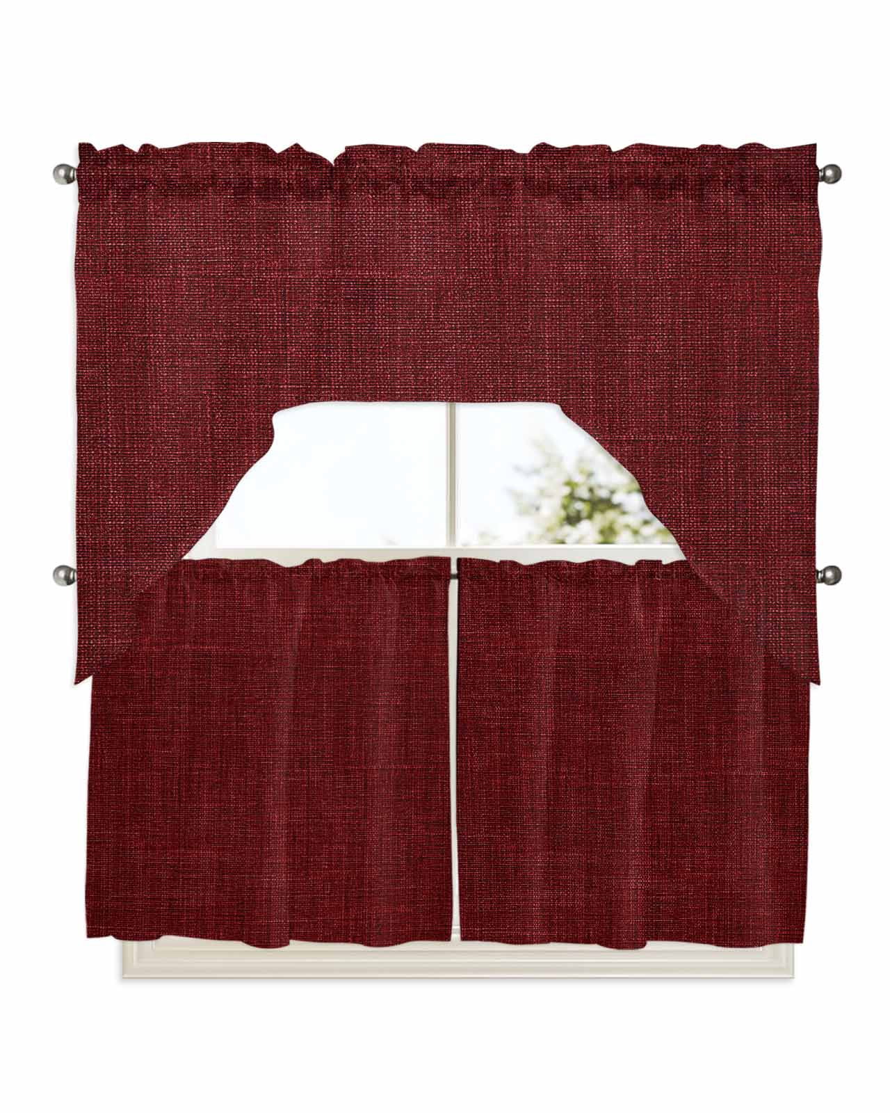 Vintage Dark Red Kitchen Curtains Swag Valance and Tier Curtains Set 24 Inch Length, Farmhouse Retro Solid Color Linen Texture Rod Pocket Drape Panels Pair Swag Curtains for Bathroom/Cafe/Window