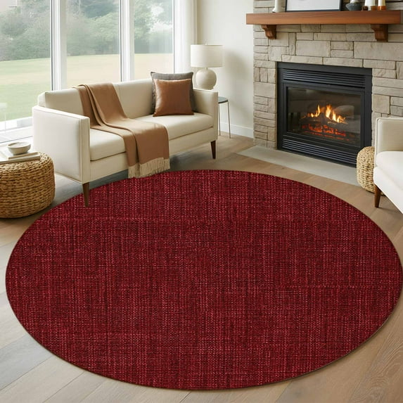 Vintage Dark Red Large Round Rug 8 FT, Non Slip Living Room Area Carpet, Farmhouse Retro Solid Color Linen Texture Washable Soft Circle Rug Non-Shedding Floor Carpet for Bedroom Office Dining Room