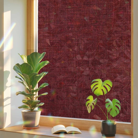Vintage Dark Red Privacy Window Film,Decorative Stained Glass Window Film,Farmhouse Retro Solid Color Linen Texture Resuable Rainbow Static Cling for Home Bathroom Living Room Glass Door 23.6"x78.7"