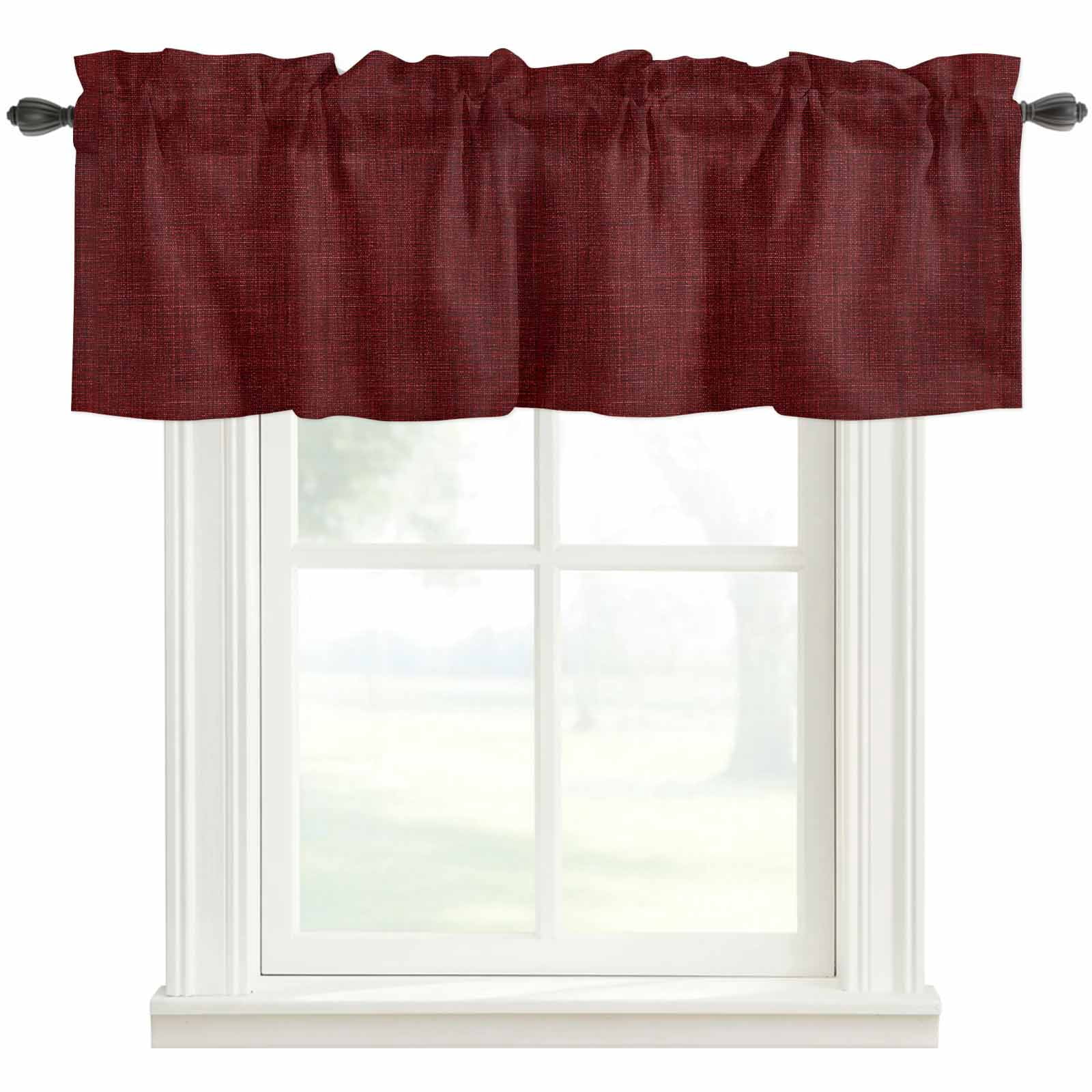 Vintage Dark Red Rod Pocket Curtain Valance, Farmhouse Retro Solid Color Linen Texture Farmhouse Window Valance for Living Room, Bedroom, Kitchen 42"W x 18"L