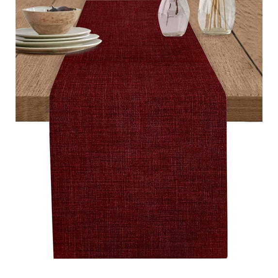 Vintage Dark Red Table Runner 120 Inches, Farmhouse Retro Solid Color Linen Texture Bed Runner Dresser Scarves Tabletop for Indoor Outdoor Parties/Ceremony/Banquet, 13"x 120"