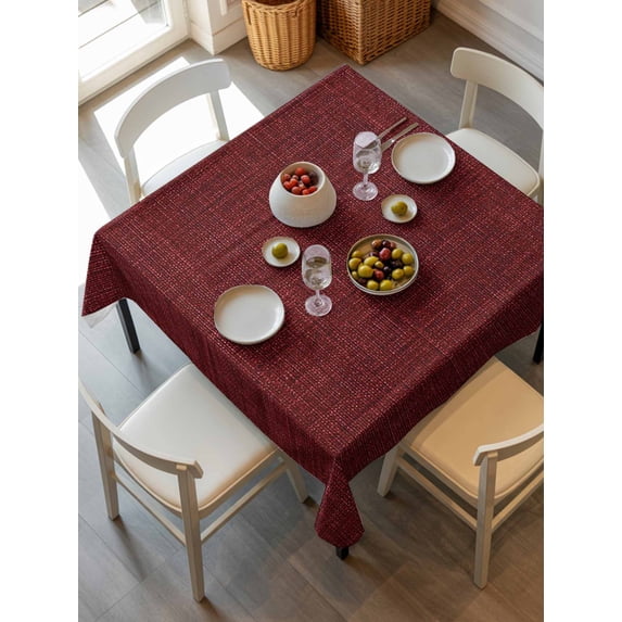 Vintage Dark Red Tablecloth Square Table Cloth 54x54, Waterproof Tablecloth Outdoor Table Cloth, Farmhouse Retro Solid Color Linen Texture Washable Table Cover for Kitchen Dinning Party