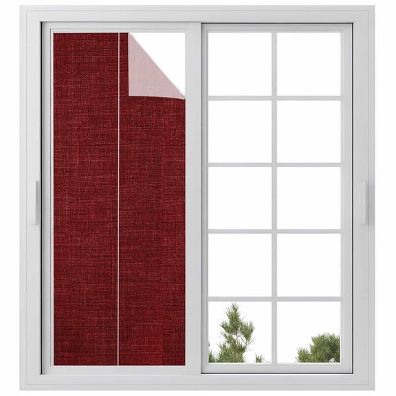 Vintage Dark Red Window Privacy Film, Farmhouse Retro Solid Color Linen Texture Static Cling UV Sun Blocking Heat Control Window Tint, Non-Adhesive One Way Windows Privacy Cover 23.6''x59''