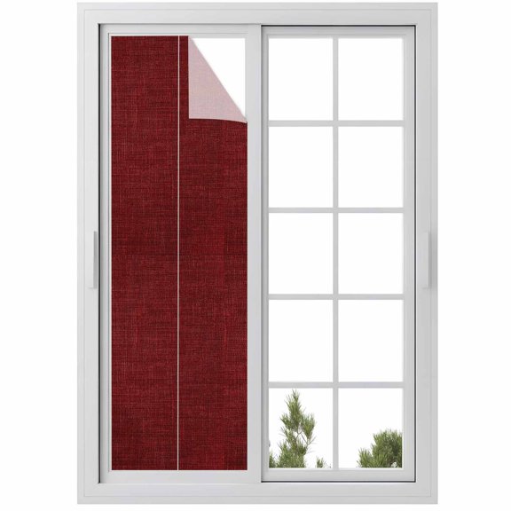 Vintage Dark Red Window Privacy Film, Farmhouse Retro Solid Color Linen Texture Static Cling UV Sun Blocking Heat Control Window Tint, Non-Adhesive One Way Windows Privacy Cover 17.7''x78.7''